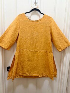 Bryn Walker Women's 100% Linen Tunic Top Size S Yellow 3/4 Sleeves Lagenlook